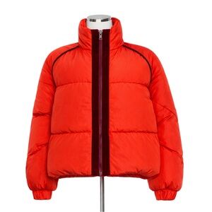 $450 GANNI Fountain Puffer Jacket Orange Red Velvet Trim Insulated Coat S